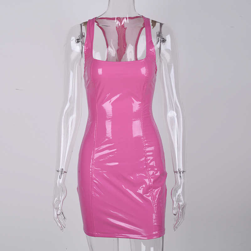 Colysmo PU Leather Party Dress Women Neon Purple Sleeveless Low Cut Bodycon Sexy Plus Size Summer es Club Vestidos 210527