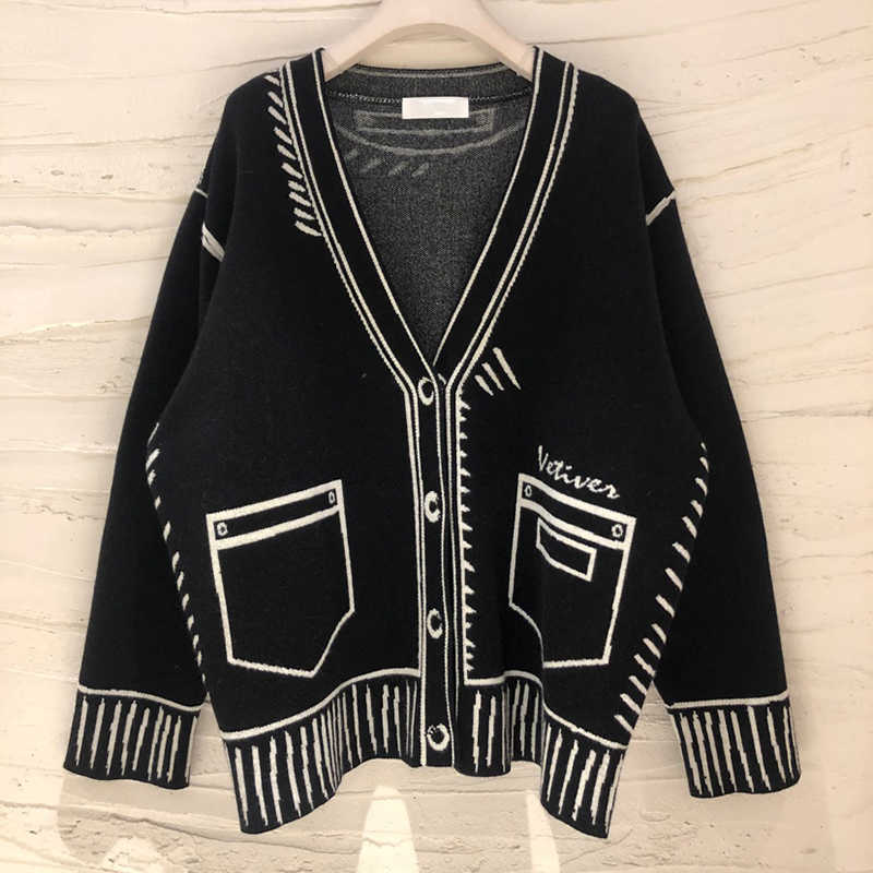 CHICEVER Casual Loose Sweaters For Women Print V Neck Long Sleeve Plus Size Elegant Cardigans Female Fashion Clothing Style 210917 - view 4