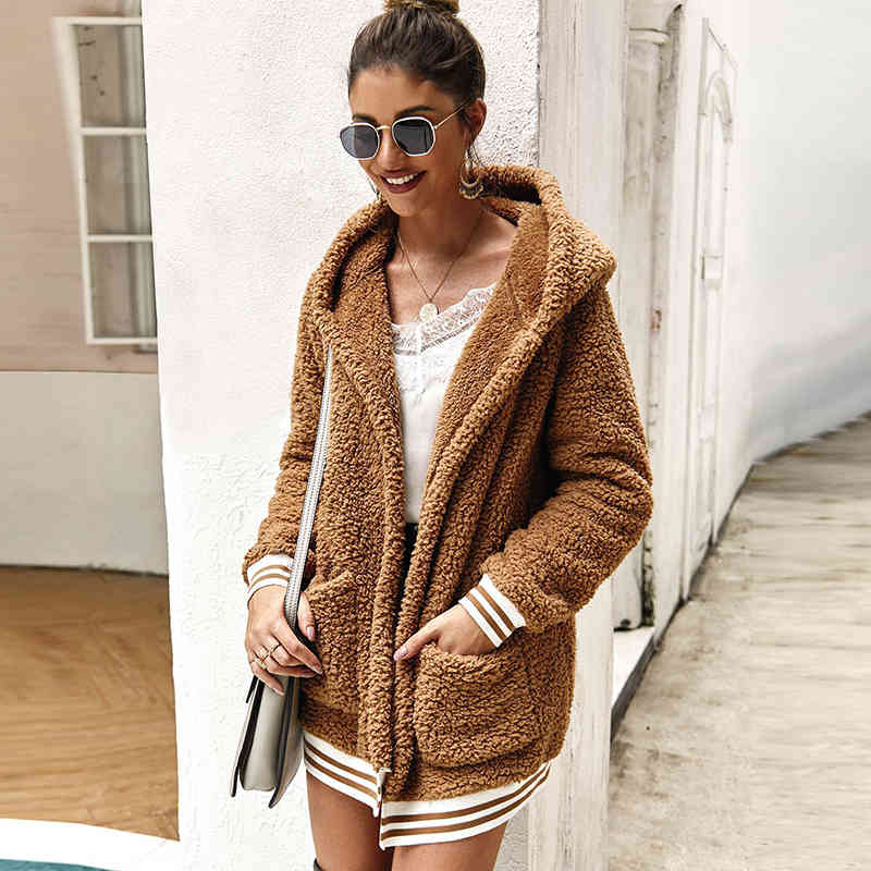 Women Faux Fur Coat Autumn Long Sleeve Striped Plush Teddy Coats Ladies Casual Hooded Pocket Winter Warm Cardigan Jacket 210515
