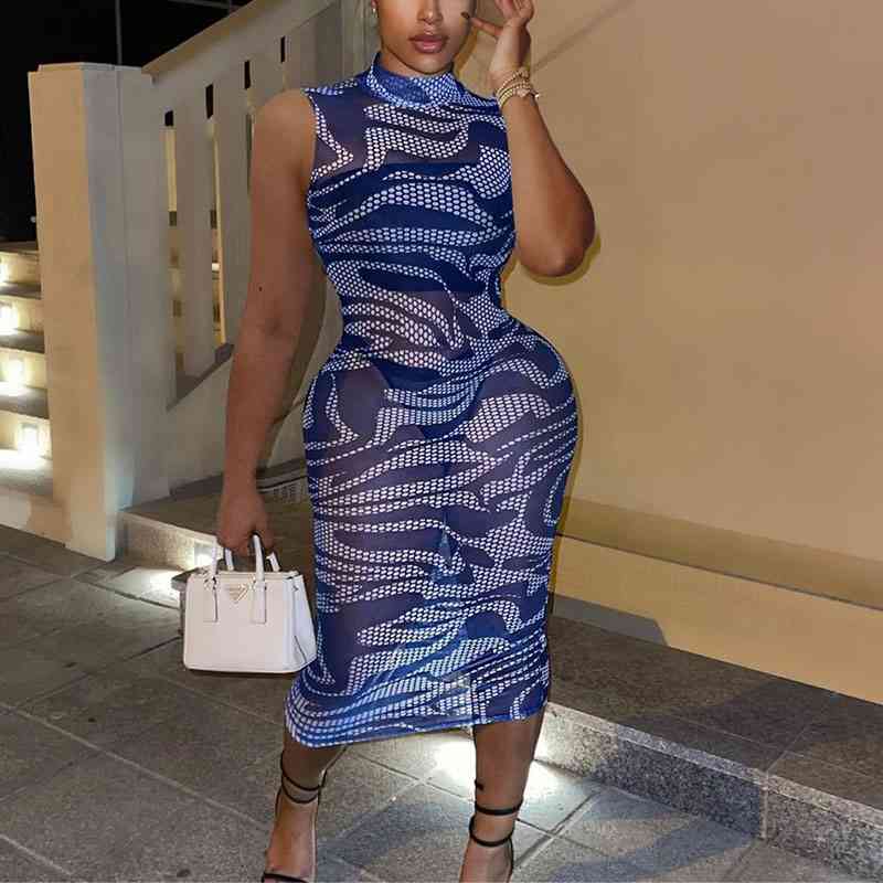 Sleeveless Mesh Slim Bodycon Dress Night Club Party Midi Dresses 210702