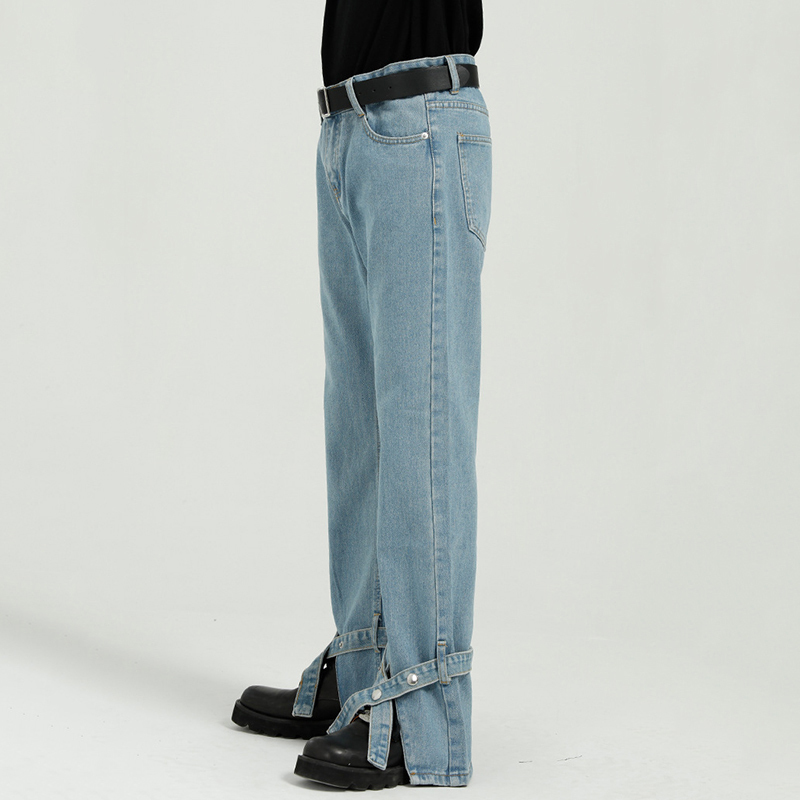 IEFB Strap Split Bottoms Loose Straight Blue Jeans For Men Vintage Streetwear Fashion Bandage Denim Trousers 9Y7113 210524