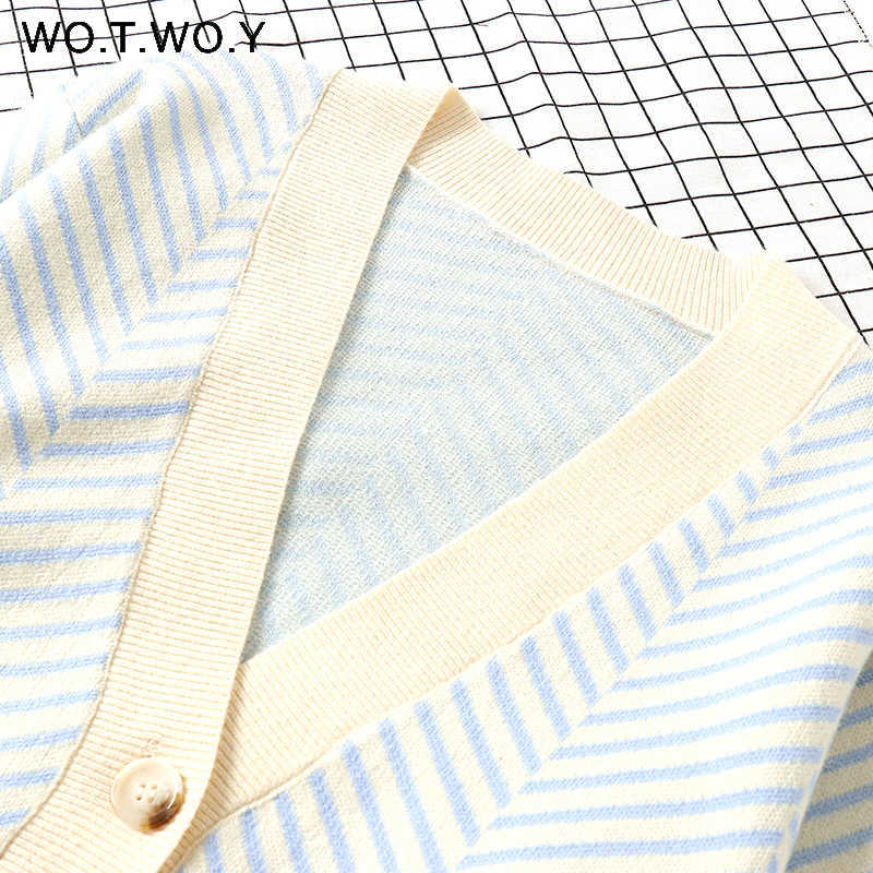 WOTWOY Single Breasted Stripe Cropped Cardigan Women Botton Up Cotton Sweaters Autumn Winter Casual Knitwear Female V-Neck 210914