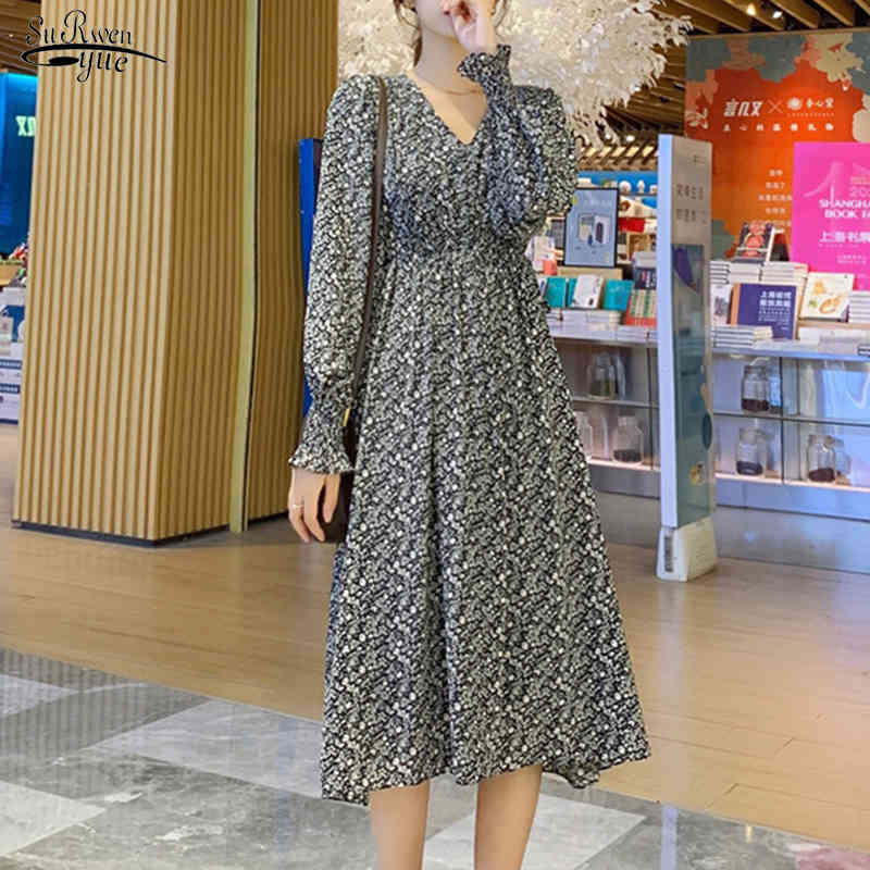Korean A-Line V-Neck Elegant Dress Women Summer Long Sleeve Midi Chiffon Floral Party es For Vestidos 12093 210508