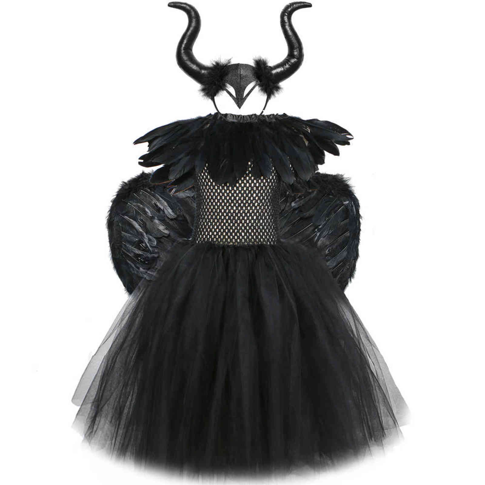 Black Feather Halloween Costumes for Girls Kids Evil Queen Long Tutu Dress with Horns Wings Villian Witch Cosplay Outfit Set 211130