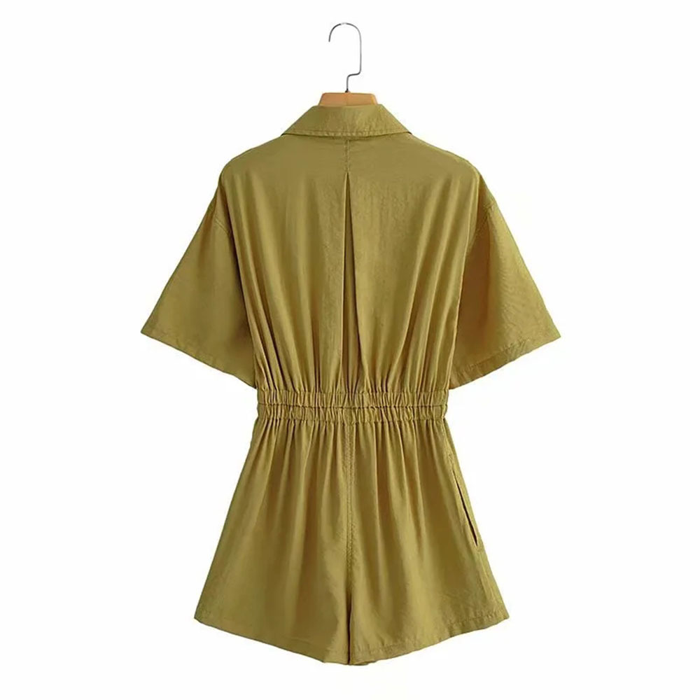 BBWM Women Vintage Turn Down Collar Short Sleeve Shirt Playsuits Femme Chic Elastic Waist Casual Slim Vestido 210520