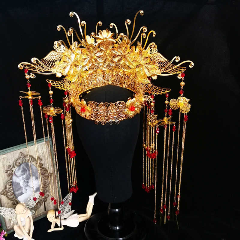 HIMSTORY Classical Chinese Wedding Phoenix Queen Coronet Crown Brides Gold Hair Jewelry Accessories Tassel Wedding Hairwear H0827