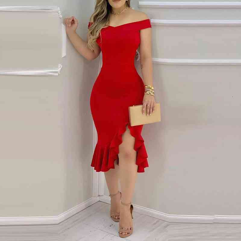 ruffle cold shoulder womens dress bodycon plain loose hem slit casual red party de fiesta, Black;gray
ruffle cold shoulder womens dress bodycon plain loose hem slit casual red party de fiesta, Black;gray