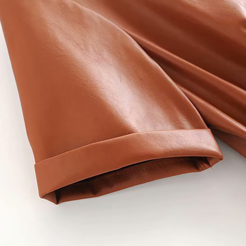 Women Streetwear Solid PU Leather Dress Pleated Short Sleeve Sashes Lady Knee Length Dresses Turn Down Collar Pockets Vestido 210515