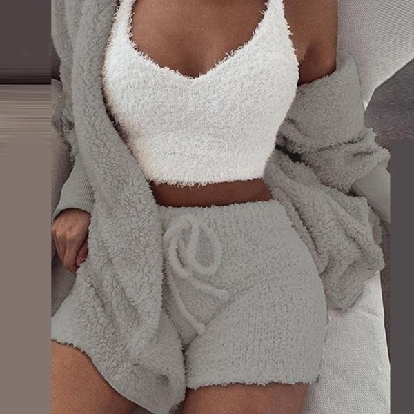 Three Piece Sexy Fluffy Sets Velvet Plush Hooded Cardigan Coat+Shorts+Crop Top Women Tracksuit Casual Sports Overalls Sweatshirt Y0625