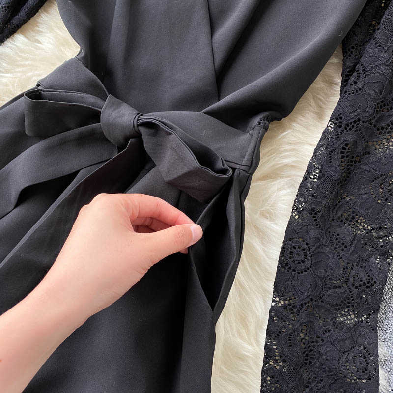 Women Black Jumpsuit Spring Fashion Hollow Out Lace Splicing Rompers V-neck Full Sleeve Wide Leg Clothes Overalls 210603