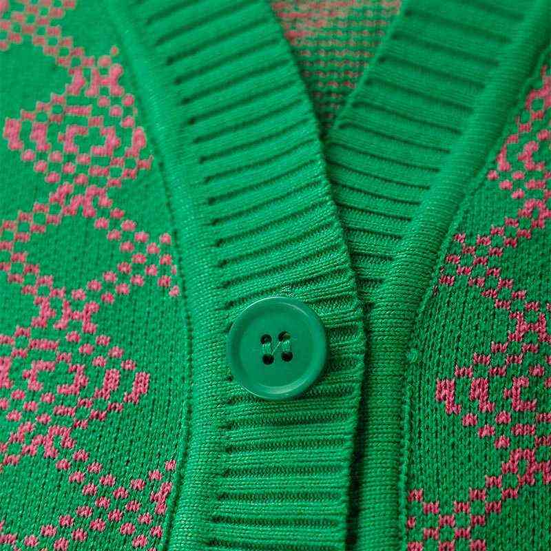 Women V-neck Checkered Print Knitted Cardigan Fashion Female Buttons Casual Long Sleeve Sweater Cardigan With Pocket Autumn 211123wtt