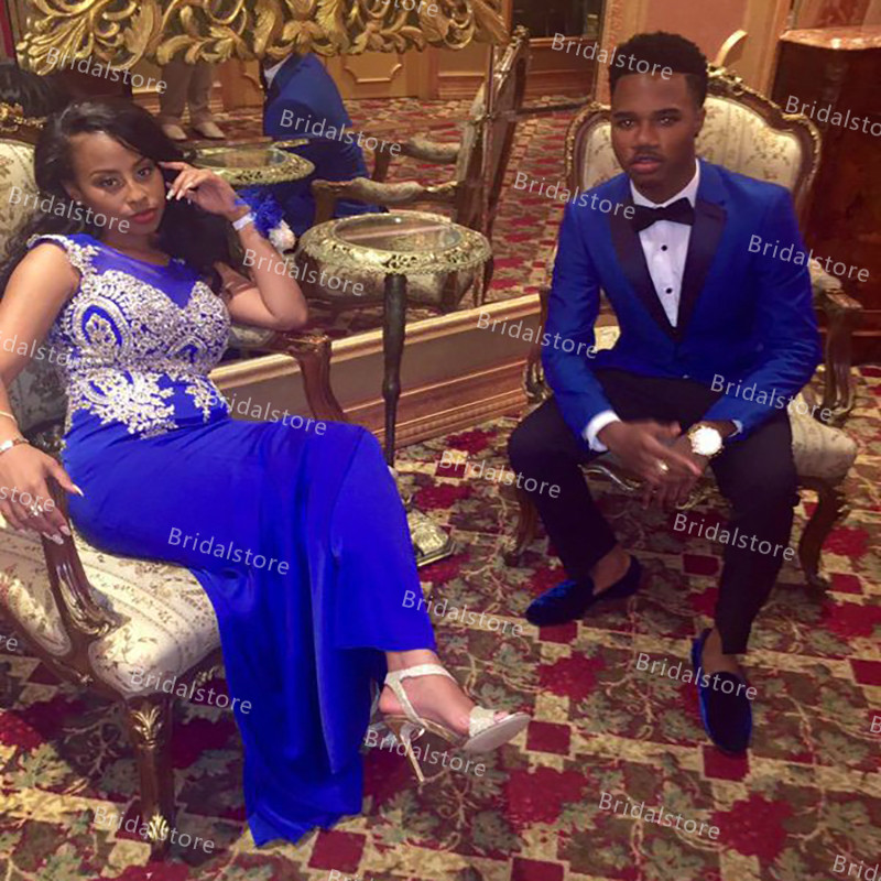 African Girls Blue Mermaid Prom Dresses 2021 With Gold Appliques Sleeveless Satin Plus Size Evening Dress Elegant Formal Party Gowns vestidos fiesta r