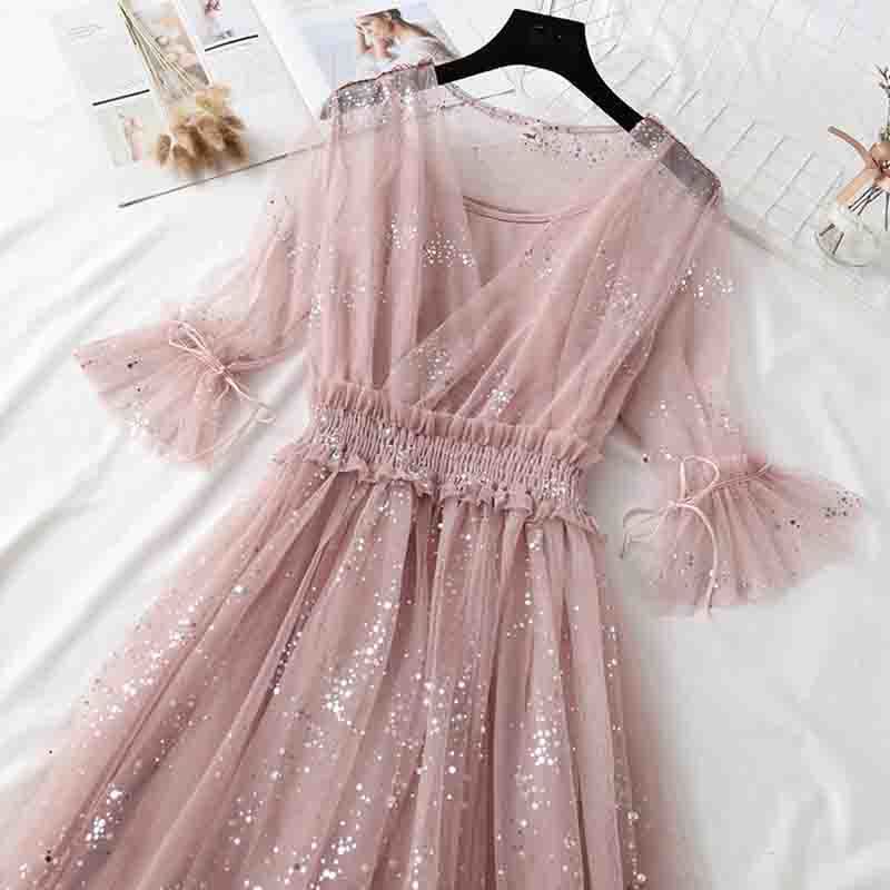 Two Piece Women Dress Summer Sweet Short Sleeve V-neck Mesh Dresses Elastic Waist Ladies Long Party Dress Vestidos 210521