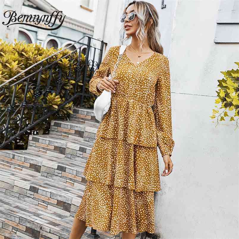 Elegant Multilayer Ruffle Print Dress Women Spring Autumn V Neck Long Sleeve Female Holiday Boho Casual Dresses 210510