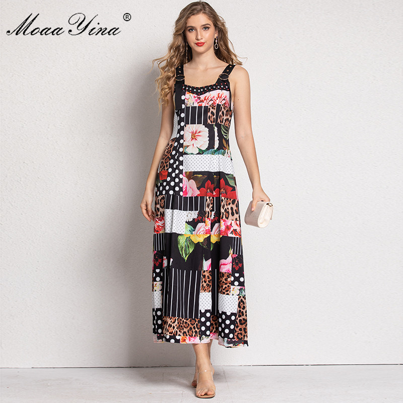 Fashion Dress Summer Women's dress spaghetti strap Beaded Floral Print Bohemia Vacation Maxi Dresses 210524