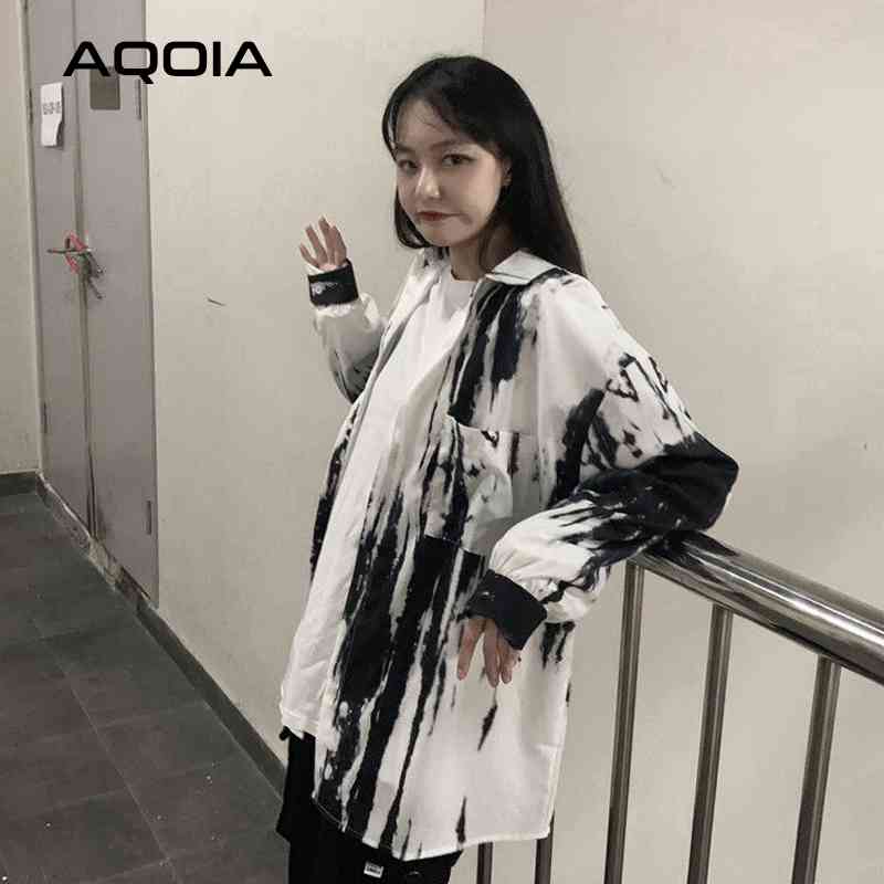 Hip Hop Button Women Blouse Tunic Shirt Tie dye Long Sleeve Oversize Ladies Shirts Summer Turn Down Collar Plus Size Tops 210521