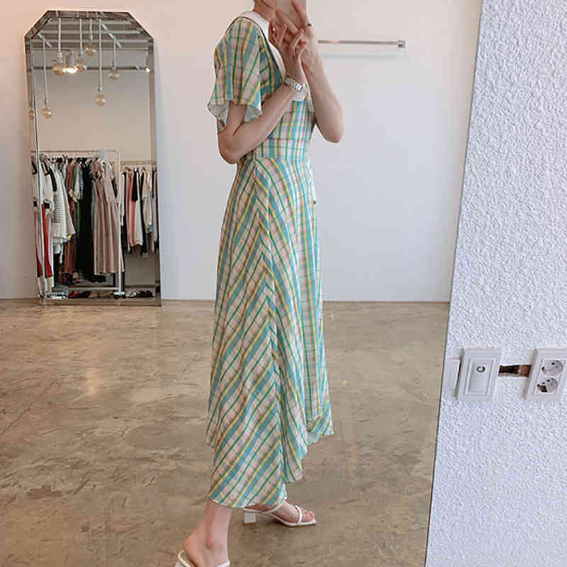 SHENGPLLAE Sweet Plaid Dress Women's Summer Peter Pan Collor Contrast Waist Irregular Flying Sleeve Mid-calf Dresses 210427