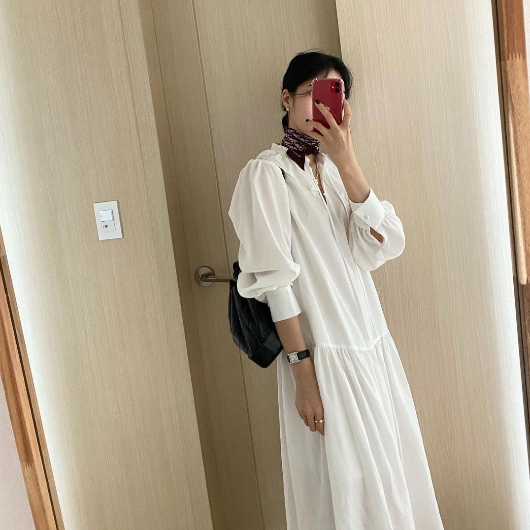 Spring Women's Loose Stand Collar Solid Color Long Sleeve Over Knee Minimalist Ruffles Lace Up Dress Female 210427