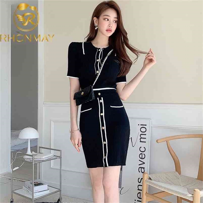 Summer women's Koreanedition Temperament Slim knit Round Neck Top Solid Purecolour Short Sleeve Fashion Skirt Suit 210506