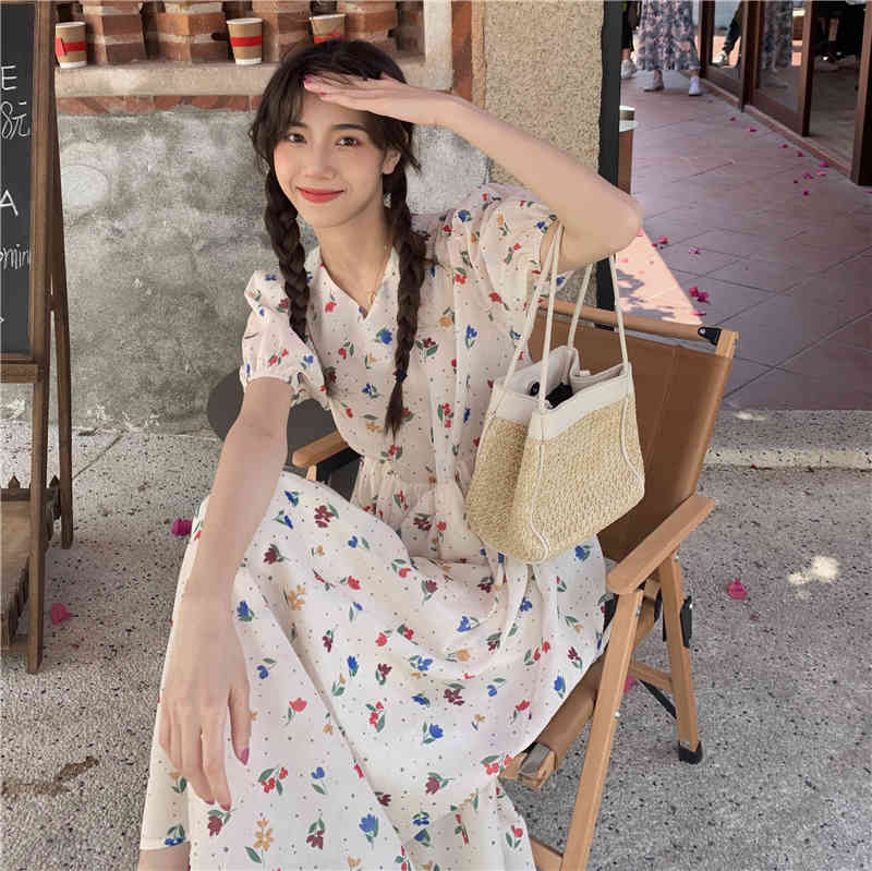 Spring Summer dress korean style floral print V neck a line dress Puff Short Sleeve long dress womens (K8134) 210423