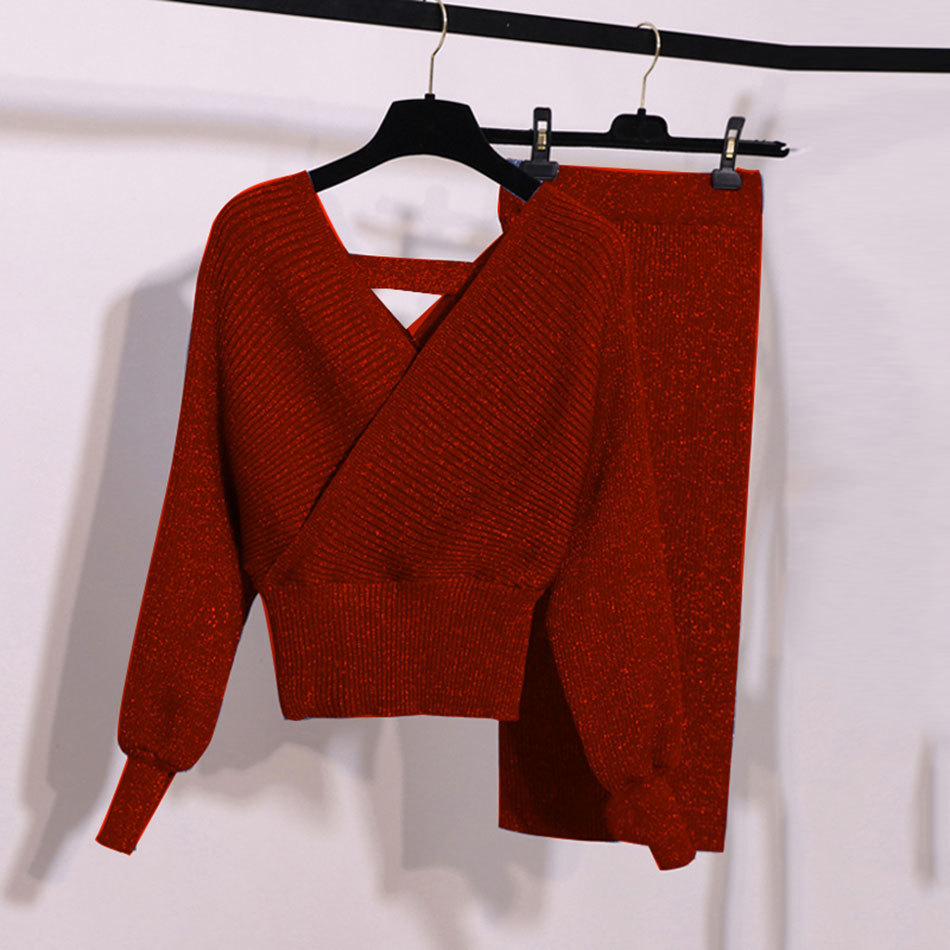 Free Women's Sweater Dress Set Sexy V-neck Bat Sleeve Pullover Knit Top & Skirt Elegant Two-piece 210524