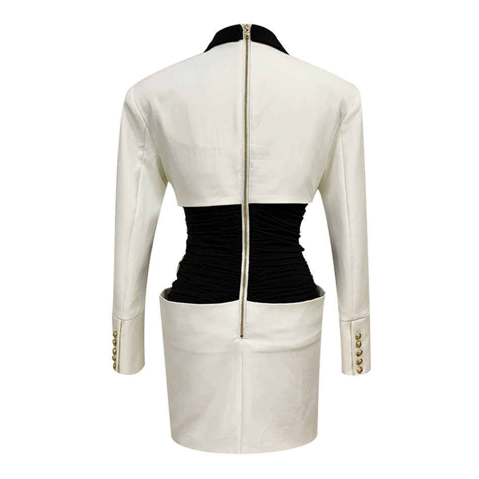 Ladies Vestidos Lapel Fashion Long-Sleeved Pleated Slim Waist Mini Stitching Tight Sexy Party Dress 210525