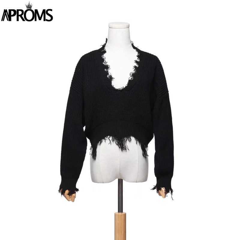 Aproms Tassel Deep V Knitted Pullover Female Autumn Winter White Long Sleeve Knit Crochet Sweaters Women Cropped Jumper Pull Top 210914