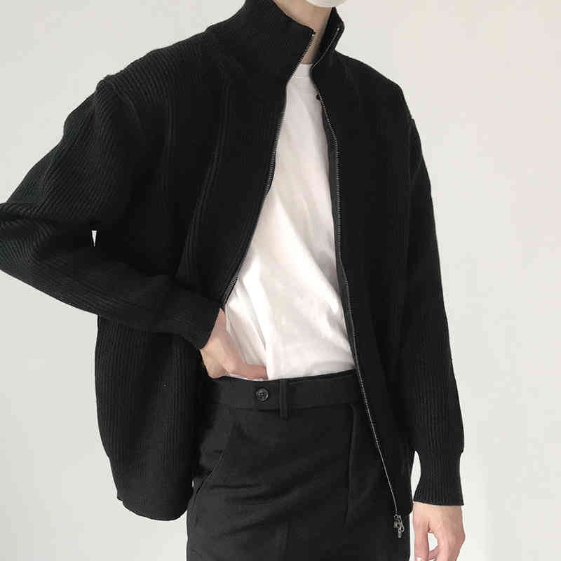IEFB Men's Clothing Zipper Cardigans Sweater Stand Collar Causal Vintage Black Grey Clothing For Male 9Y6608 210524