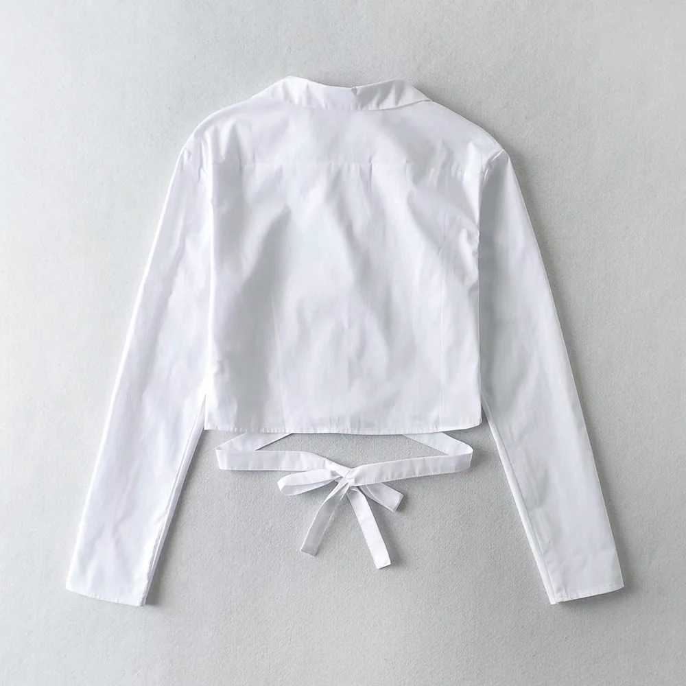 Strappy Personality Turn Down Collar White Shirt Women's Spring Fashion Tie Short Open Umbilical Top 210615Z