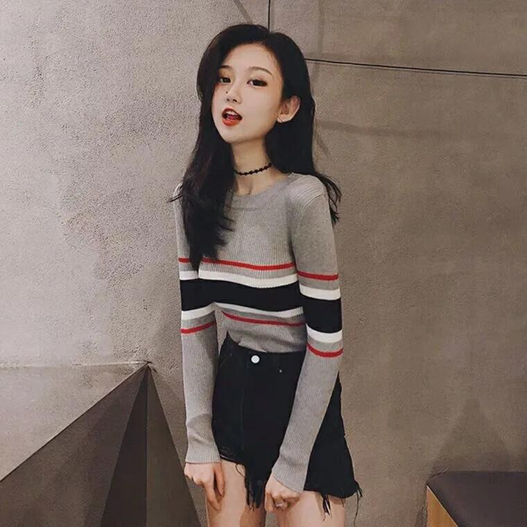 Women&#039;s Sweaters TSXT Chic Autumn Jacket Women 2021 Korean All-match Pullover Striped Long Sleeve Bottom Knitted Sweater от DHgate WW