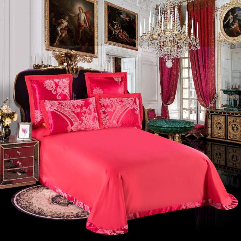 Luxury Silk Cotton Jacquard 4pcs Bedding 100%cotton Embroidered Duvet Cover Bed Sheet Pillowcase Drop Red Wedding Sets