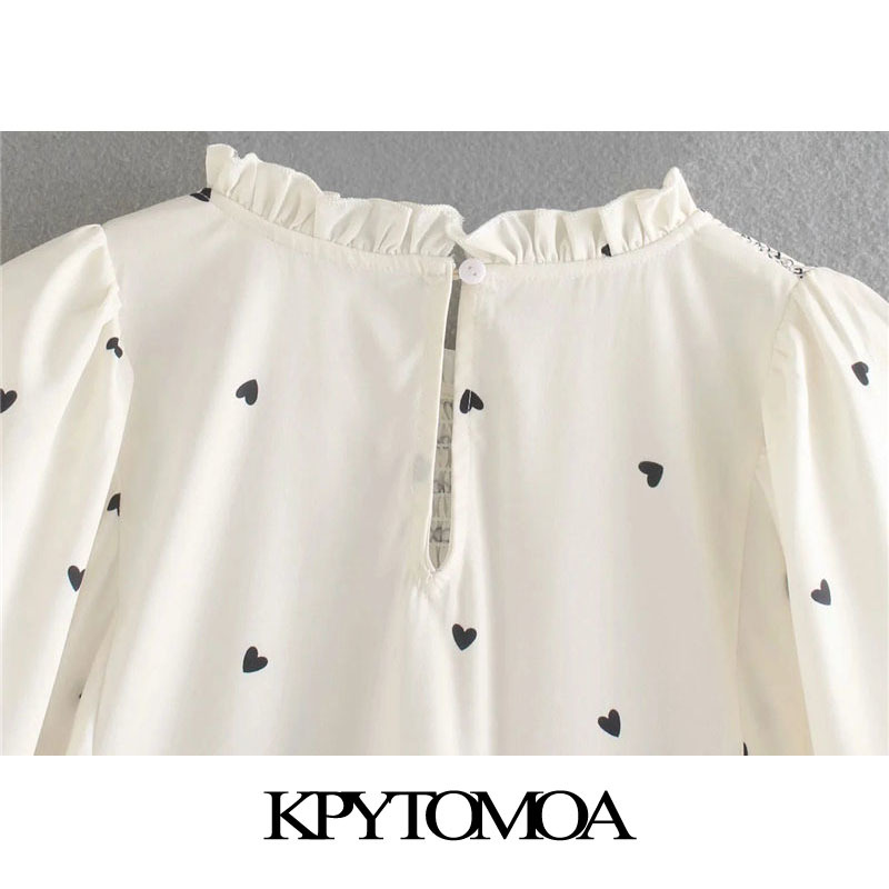 Women Sweet Fashion Hearts Print Smocked Elastic Blouses Lantern Sleeve O Neck Female Shirts Chic Tops 210420