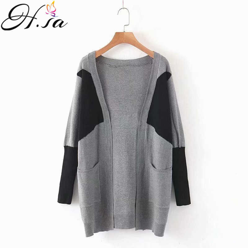 HSA Women Patchwork Cardigan Sweater Women Oversized O-Neck Sweater Pockets Knit Jacket Tops Women Knit Coat 210716