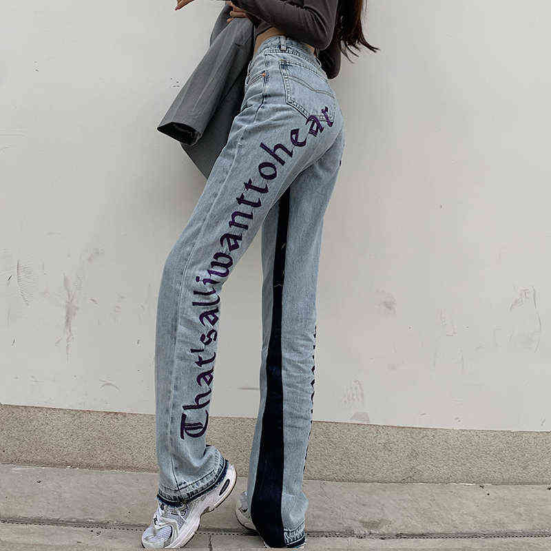 European Spring Autumn Denim Back Letters Embroidery Thin Loose High-waisted Jeans Straight Pants Women Fashion Streetwear 211112
