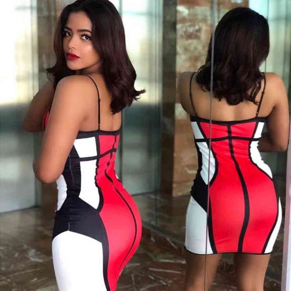 Free Women Summer Bandage Dress Sexy V-neck Halter Bodycon Color Block Celebrity Club Party 210524