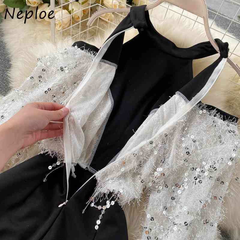 Neploe Halter O-neck Shoulder Strapless Women Mini Dress Bling Sequined Tassel Dresses Panelled Patchwork Sexy Bodycon Vestidos 210422