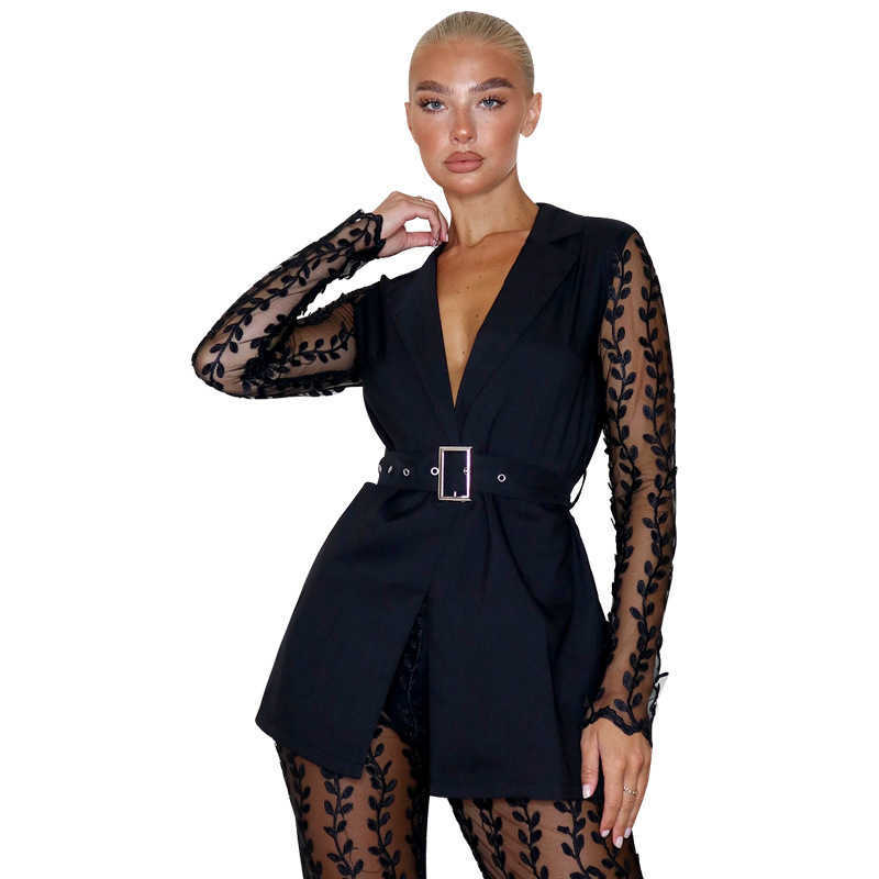 Fashionable Women Lace Party Outfits Embroidery Two Piece Sets Lady's V-Neck Sashes Tops High Waist See Through Flared Pant 210930