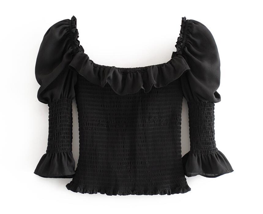 Vintage France Black Crop Shirt Women Sexy Wood ears Square Neck Elastic Ruched Body Slim Fit Blouse Half Flare Tops 210429