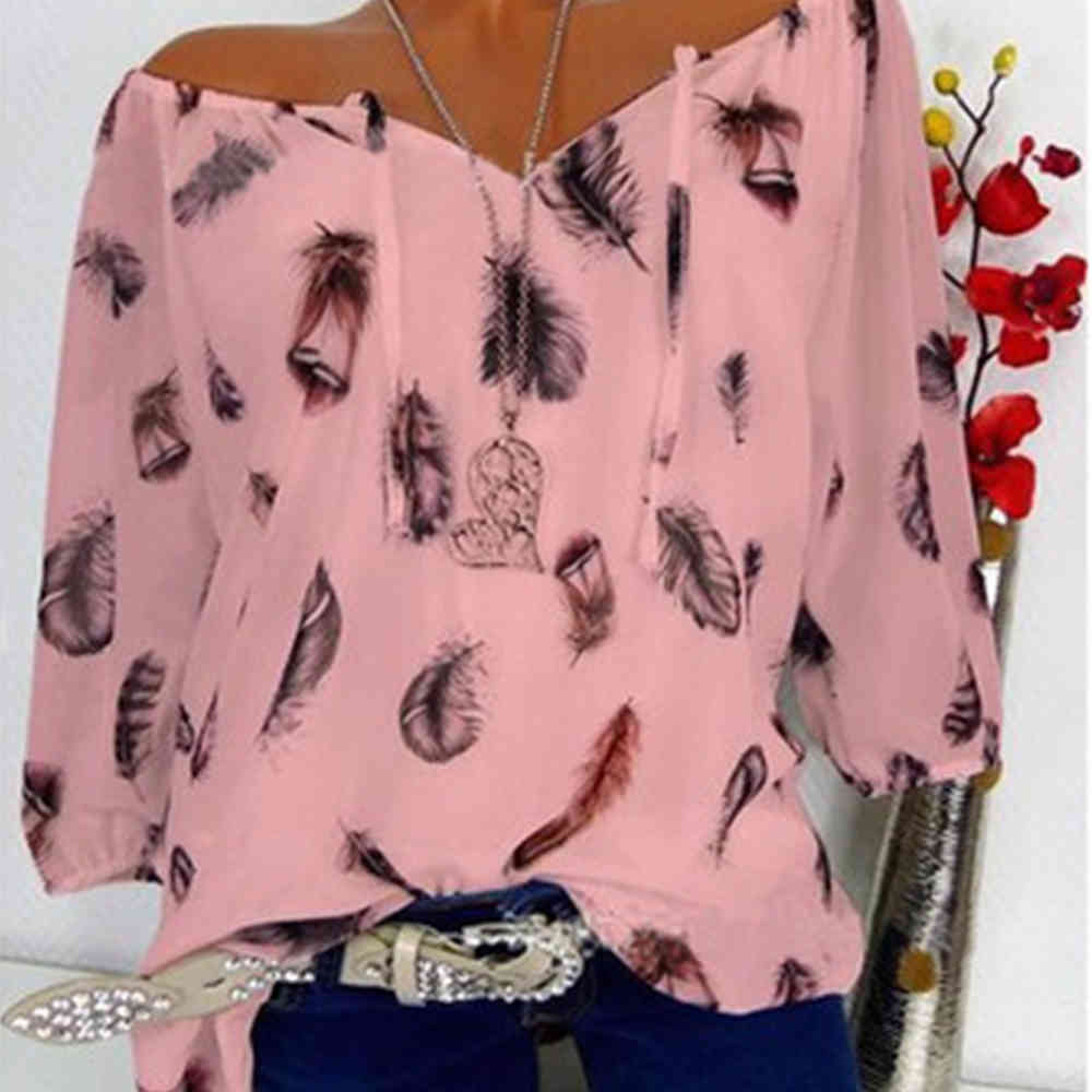 Fashion 5XL Plus Large Size Women's Blouses Summer Tops Leisure Blouse White Loose Feather Print V Neck Half Sleeve Shirts 210428