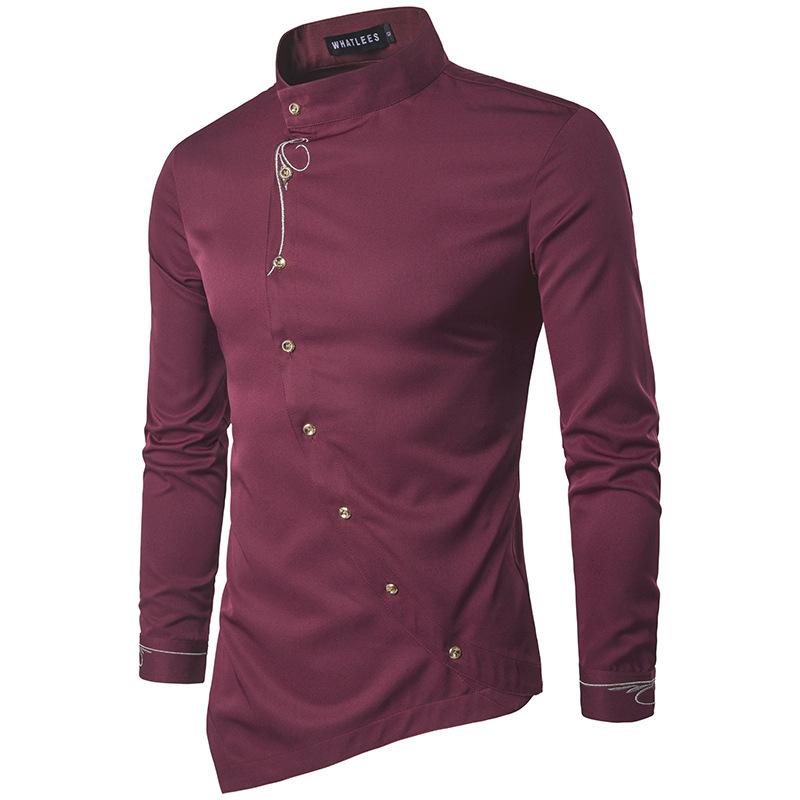 Men's Casual Long Sleeve Oblique Button Down Dress Shirt Tops With Embroidery 2021 Fashion Male Irregular Hem Slim Fit Shirts