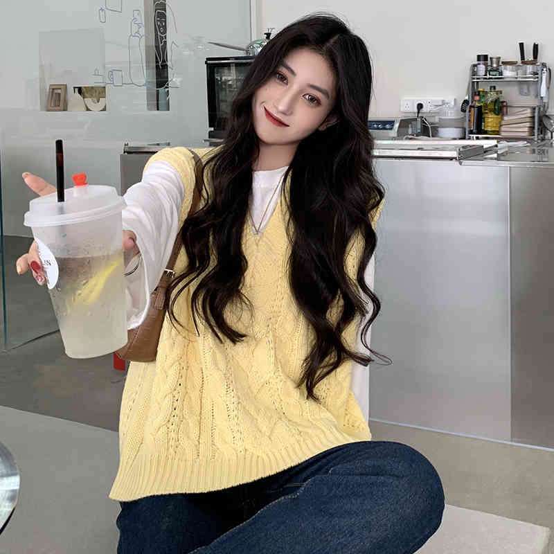 4 colors korean style V-neck soild color loose sleeveless vest sweaters womens knitted sweaters womens pullovers (C9831) 210423