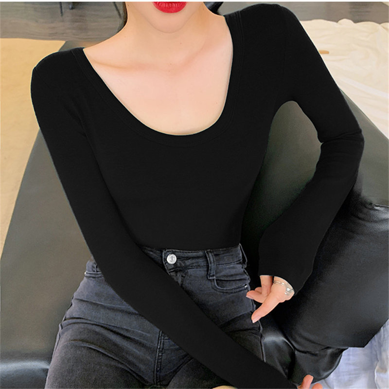 Female All Match Solid Basic Women Stylish O-Neck Slim Brief Tops Full Sleeves Plus Size T-Shirts 7 Colors 210421