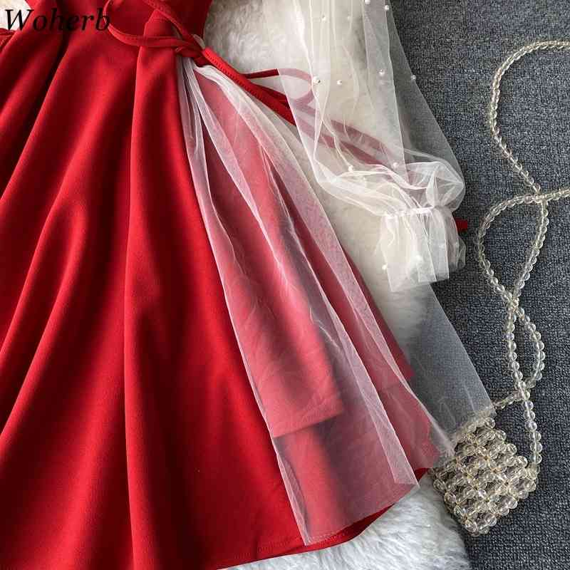 Women Dress Summer Puff Sleeves V-neck Patchwork Gauze Robe Sweet Beaded Dresses Korean Elegant Slim Waist Midi Vestidos 210519