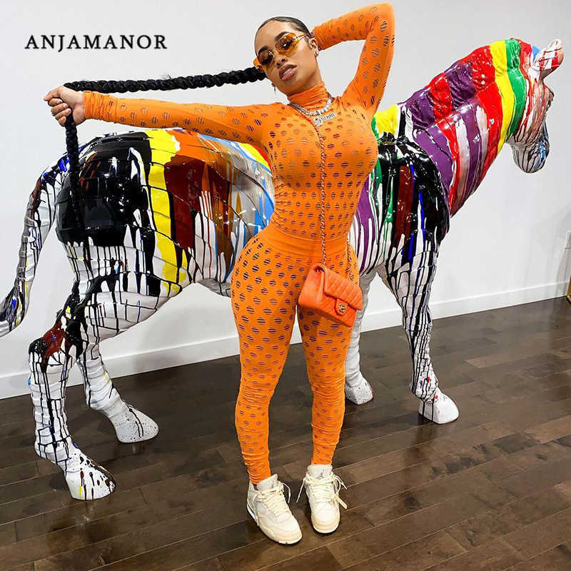 ANJAMANOR Sexy Two Piece Outfits Clubwear Hollow Out Hole Top and Pants 2 Peice Set Women Matching Sets Sweat Suits D66-CE30 Y0625