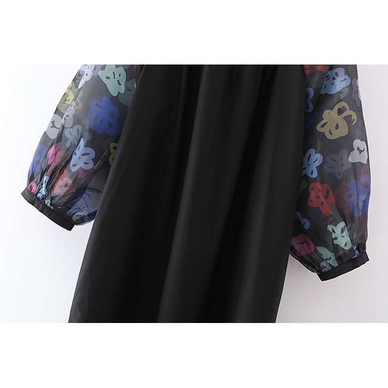 Retro Black Contrast Flower Print Lantern Sleeve Dress Woman Vintage Round Collar Loose Straight Pullover Dresses Holiday 210429