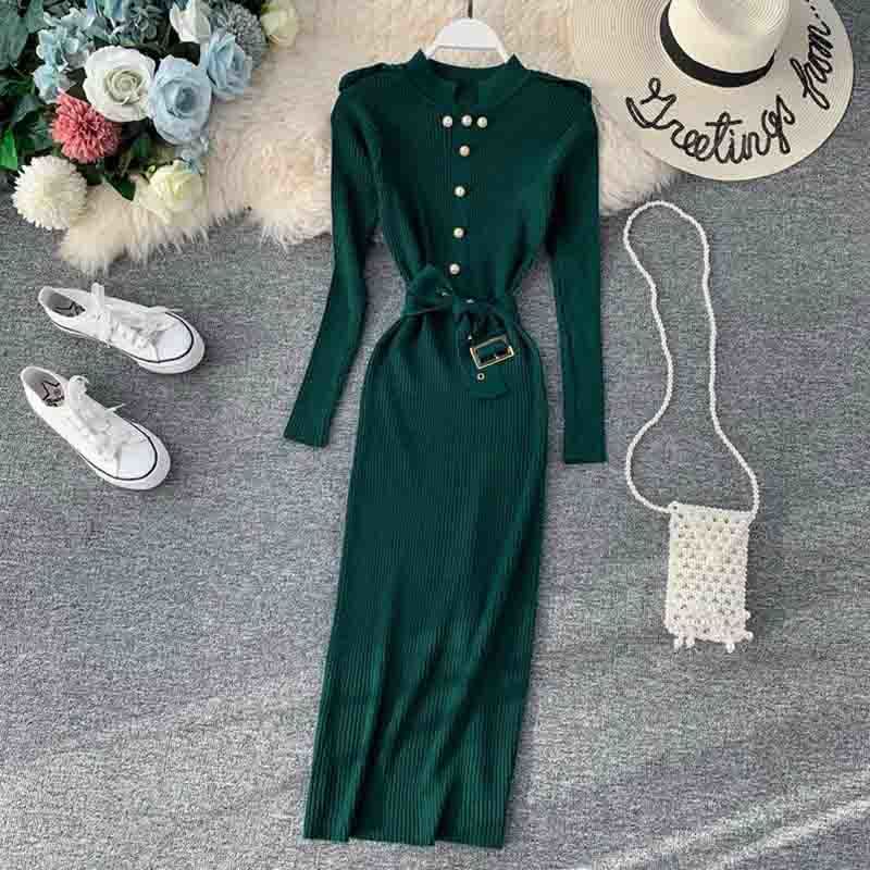 Vintage Slim Button Autumn Winter Knitted Dress Women Casual Long Sleeve Belt Bottoming Sweater Dress Party Bodycon Vestidos 210521