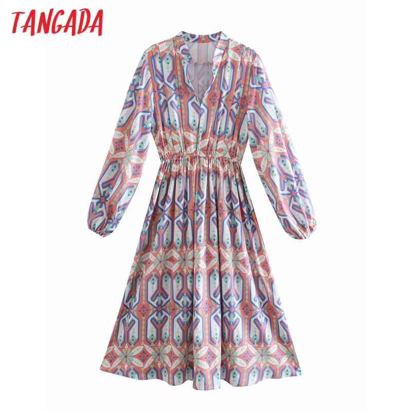 Spring Fashion Women Geometry Print Shirt Long Sleeve Strethy Waist Office Ladies Midi Dress 2W76 210416