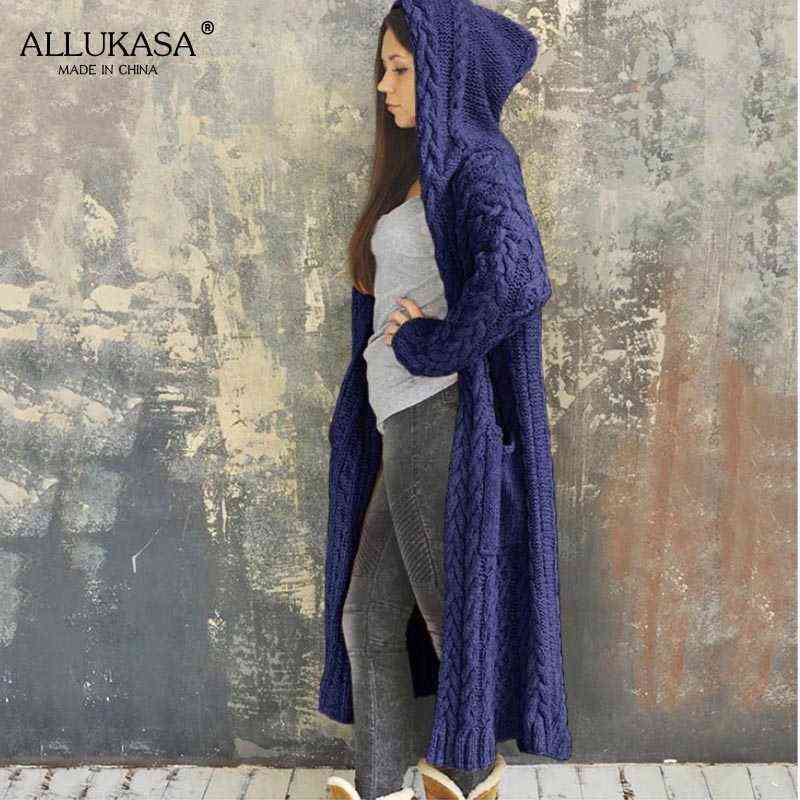 Pure color plus size long knitted cardigan women's hooded long-sleeved casual loose oversized knitted jacket for fall/winter 211117