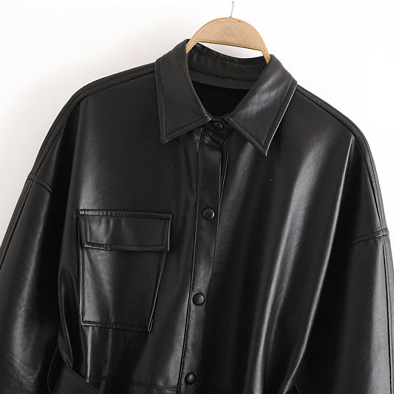 Black PU Single-breasted Long Sleeves Windproof Keep Warm Chic Female Jacket Fashion Motorcycle with Belt Lapel Women's Coat Top 210507