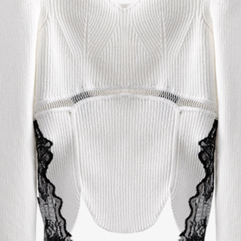 DEAT New Spring Autumn Fashion Casual Simple Slimsexy High Waist Lace Stitching Long Sleeve Bottom Knitted Top Women SG607 210428